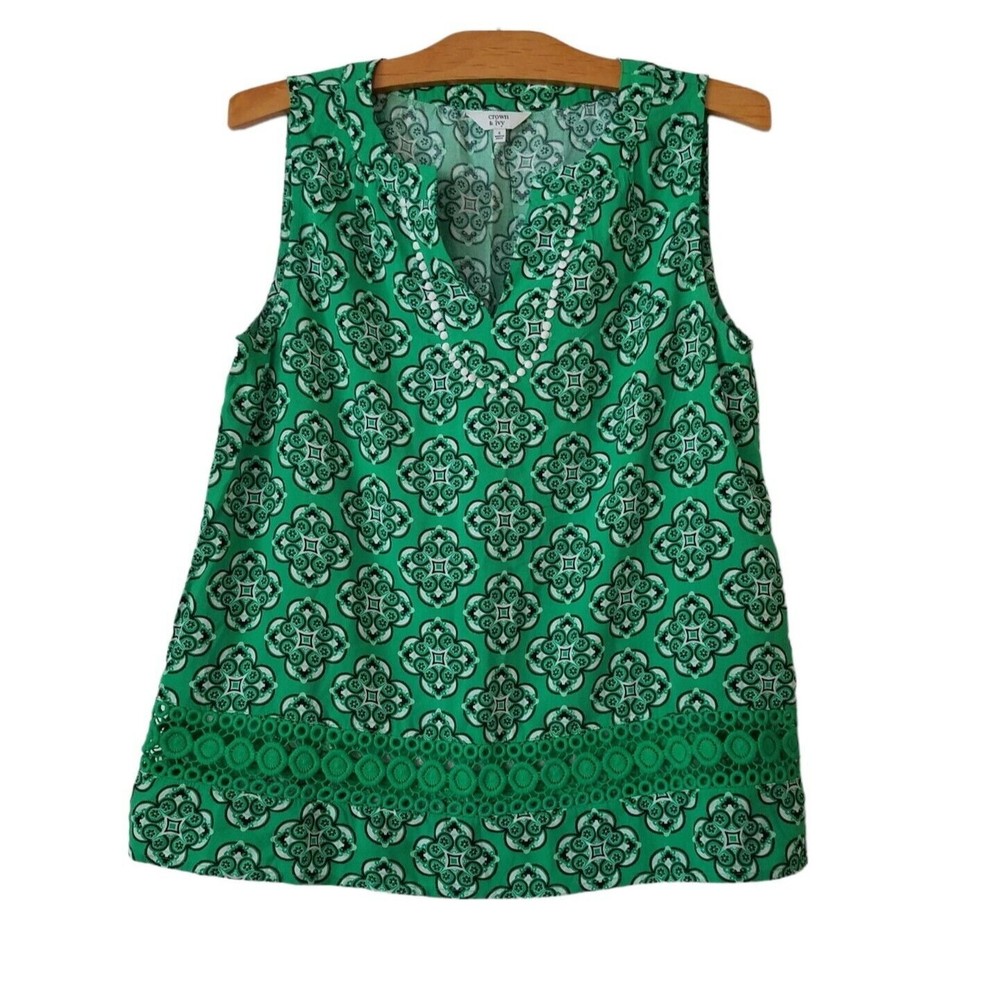 Crown & Ivy Womens S Sleeveless Popover Blouse Crochet Lace Boho Green